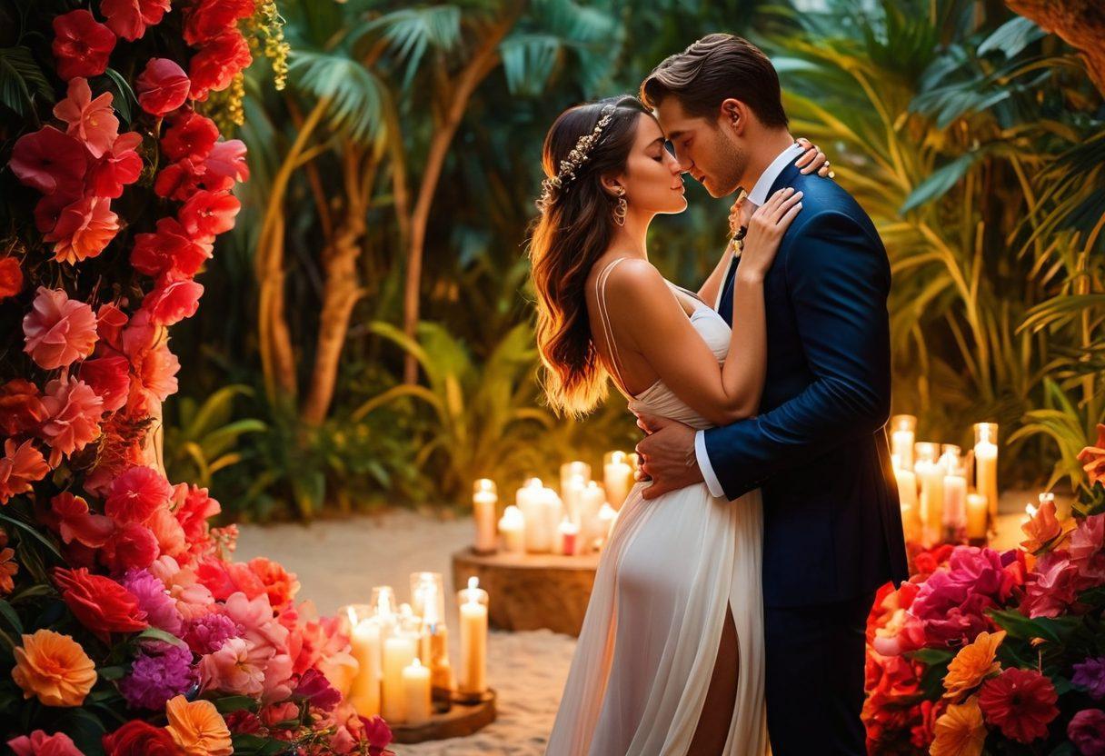 A couple intertwined in a passionate embrace, surrounded by lush, exotic flowers and soft candlelight, conveying a sense of intimacy and adventure. Infuse the scene with warm, inviting colors, hinting at vibrant dreams and desires. The background subtly hints at an adventurous landscape, such as a beach or forest, blending romance with exploration. Artistic elements like flowing fabrics and soft lighting enhance the sensual atmosphere. painting. vibrant colors.