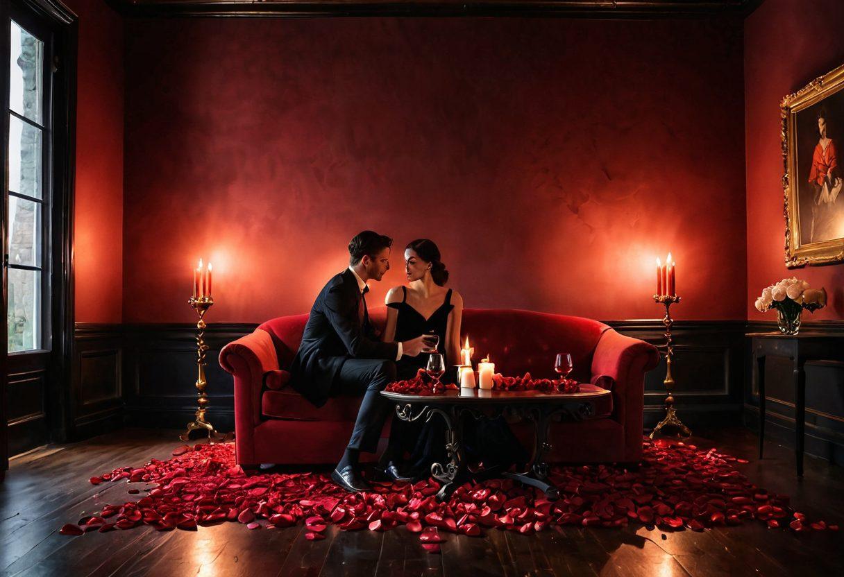 A mysterious and enchanting scene featuring a dimly lit, intimate lounge filled with plush red velvet sofas and flickering candles. Silhouettes of two people leaning closer together, their expressions full of intrigue and desire, surrounded by delicate rose petals. Soft shadows playing on the walls create an alluring atmosphere. A single glass of red wine sits on the table, hinting at blossoming connections. moody lighting. romantic vibe. painting.