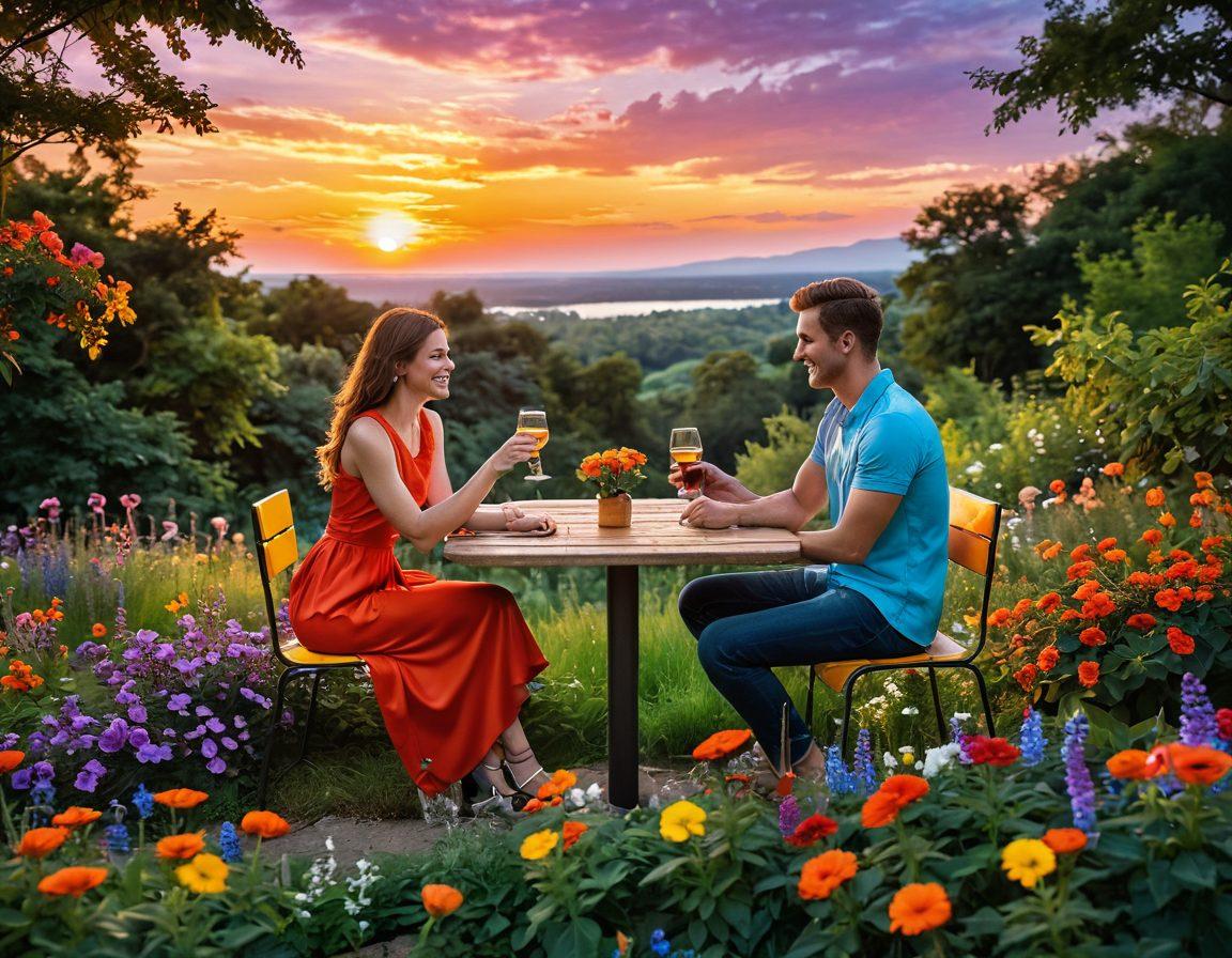 A vibrant scene depicting two adventurous individuals on a playful outdoor date, surrounded by lush greenery and blooming flowers. They're sharing a laugh under a colorful sunset, hinting at chemistry and flirtation between them. The atmosphere is filled with a sense of adventure, curiosity, and excitement. The colors should be warm and inviting, capturing the essence of sensual experiences. vibrant colors. super-realistic.
